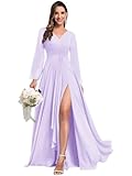 TORYEMY Lilac Bridesmaid Dresses with Sleeves V Neck Ruffle Long Formal Evening Dresses Chiffon Pleated for Wedding Size 10