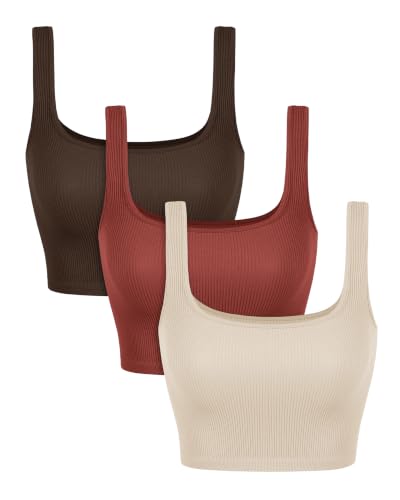 Image of ODODOS 3-Pack Seamless Square Neck Crop Tank for Women Ribbed Knit Soft Low Back Cropped Tops