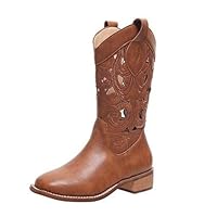 Aikelai Cowboy Boots for Women/Teen Girls,Vintage Brown Cowgirl Boots Mid Calf,Hollow Out Womens Cowboy Boots Square Toe (brown, UK Footwear Size System, Adult, Women, Numeric, Medium, 2)