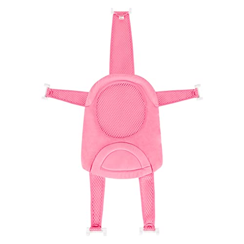 ベビー用品 赤ちゃん バスネット バスマット 加厚 スポンジ枕内蔵 新生児 可愛い 軽量 メッシュ 通気 耐摩耗 入浴サポートネット お風呂バケツ バスチェア 汎用 滑り止め 折りたたみ バス補助用品 5本ベルト バックル付き 調節可 ピンク
