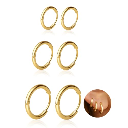 3 Pairs 6/8/10mm Huggie Cartilage Hoops Earrings for Women Men 18K Gold Plated Tiny Cartilage Hoop Earrings,Helix Hoops,Tragus Hoop Earrings,316L Surgical Stainless Steel Hoop Earrings Hypoallergenic for Body Piercing