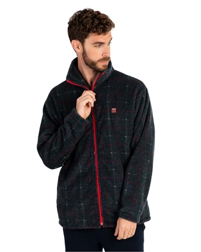 MASSANA Bata corta Hombre, Tejido polar con estampado a cuadros, Cremallera central y 2 bolsillos laterales, 100% poliéster (FR/ES, Letras, M, Regular, Regular, Gris)