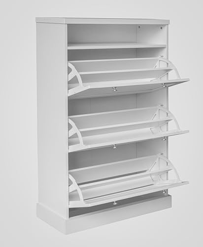 Image of Shoe Rack Wooden - 3-Door Engineered Wooden Shoe Cabinet, 6-Tier Shoe Storage Cabinet with Doors Adjustable Shelves, Wooden Shoes Rack Organizer (White, 3 Door)