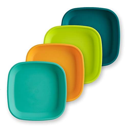 Re-Play Toddler Plates - 22 Oz. Deep-Walled Flat Kids Plates - Dishwasher & Microwave Safe - Made in USA - Set of 4-7.37 x 7.37 x 1.25 - Aqua Lime Yellow Teal