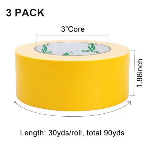 Image of BOMEI PACK Yellow Duct Tape, 3Rolls Heavy Duty Strong Industrial Color Duct Tape 9mil x 1.88inch x 30yds for Packing and Repairing