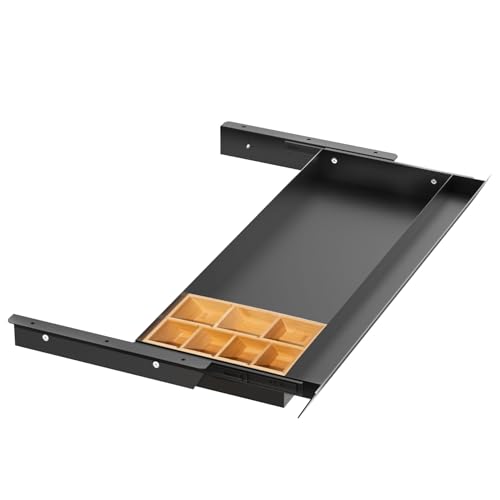 Image of Large Under Desk Mounted Sliding Drawer with Bamboo Tray and 60 Degree Tilt Panel to Pull Out, 30'' Long & 13'' deep Large Storage Organizer for Sit Stand Workstation