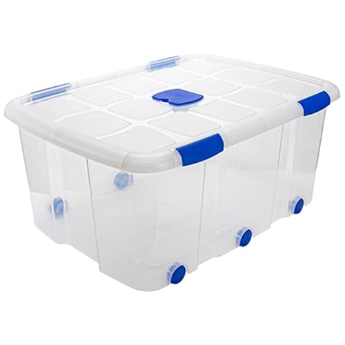 Acan   Caja de plástico transparente de 32,5 x 77 x 59 cm, con capacidad de 100 litros, Contenedor de plástico para almacenamiento con tapa y ruedas. (Con ruedas, 100 L)