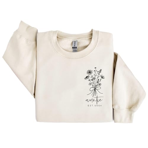 Custom Floral Auntie Sweatshirt, Personalized Est Year Sweatshirt, Flower Print Sweater, Gift From Niece Nephew, Wildflower Pocket Print, Unisex Crewneck Sweatshirt