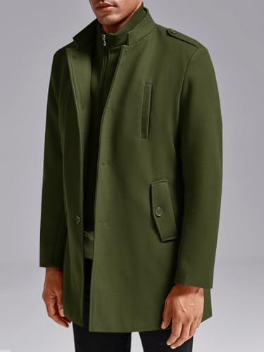 Karlywindow Mens Trench Coat Long Sleeve Stand Collar Single Breasted Pea Coat Casual Mid Long Slim Fit Overcoat with Pockets3