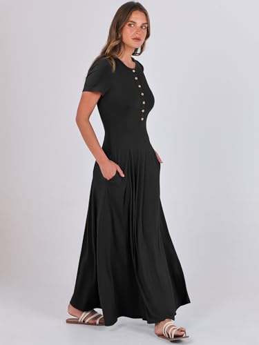 ANRABESS Women Summer Maxi Dress 2025 Casual Short Sleeve Button Fit & Flare A-Line Flowy Long Dresses with Pockets3