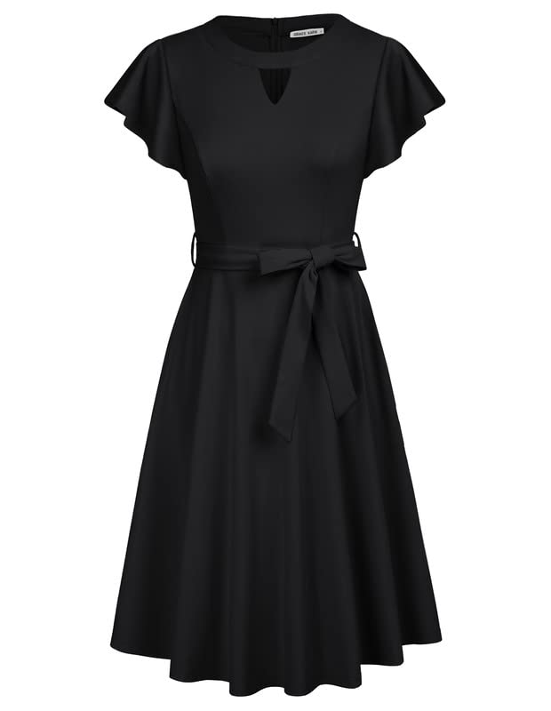 Damen Schwarz A-Line Swing Cocktail Kleid Vintage Gerafftes Midikleider S