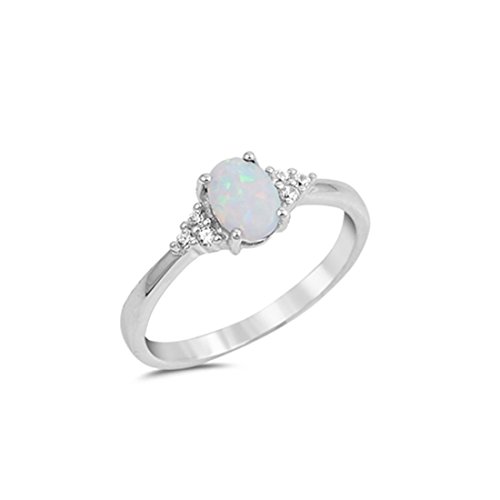 Blue Apple Co. Wedding Engagement Ring Oval Cut Lab Created White Opal Round Cubic Zirconia 925 Sterling Silver, Size-7