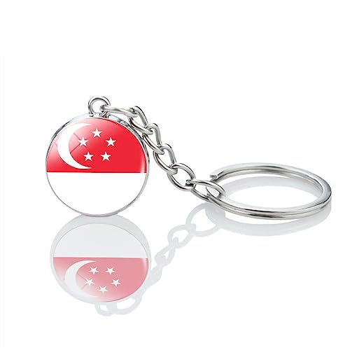 LODMLOER Singapour Drapeau Porte-Clés - Asie Le Symbole De Singapour avec Porte-Clés en Alliage De Cabochon De Verre pour Hommes Femmes Porte-Clés Cadeau,comme Le Montre,Longueur Totale: 8 Cm