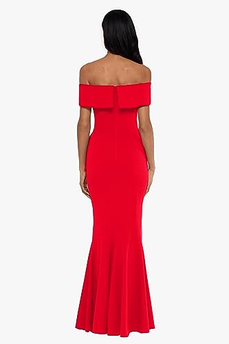 Image of Betsy & Adam Women's Women's Long Off Shoulder Cascade Ruffle Stetch Scuba Crepe Gown