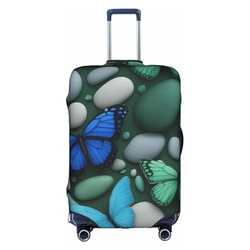 Blue Butterfly Green Butterfly And Stone Tsa Approved Luggage Cover For 18-32 Inch Suitcases Scratch-Resistant Stretch Luggage Cover