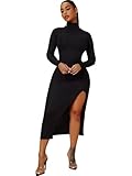 Cozyease Women's Basic Turtleneck Long Sleeve Solid Slit Hem Midi Pencil Dress Black M