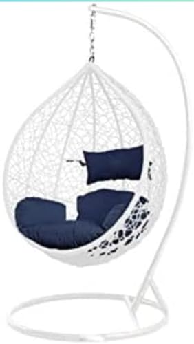 Image of Single Seater Swing Chair with Stand and Cushion Hammock Swing for Adult Outdoor Indoor Garden Living Room Balcony Hanging Chair (White Blue)
