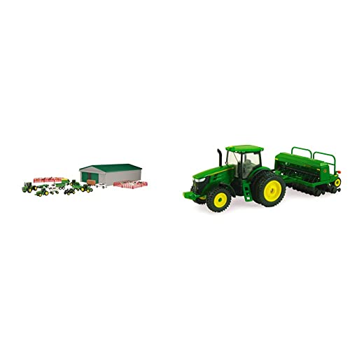 Tomy John Deere Die-Cast Farm Toy 70-Piece Value Playset with Machine Shed, Tractors, Trucks, Implements, and Farm Animals & 1:64 Scale 7215R Tractor with 1590 Grain Drill, Green