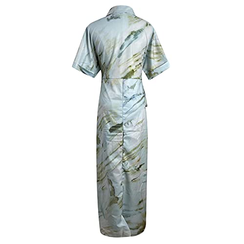 Women's Shirts Dress V Neck Short Sleeve Ankle-Length Dresses Pleated Button Down Long Dress With Belt Light Blue #TOP3