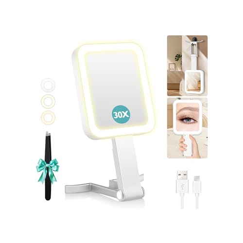 B Beauty Planet Travel Makeup Mirror with Lights, Double-Sided 1X/30X Magnifying Mirror, 3 Color Lighting & Brightness Adjustable, Portable &Foldable Handheld Mirror with Lights(White)