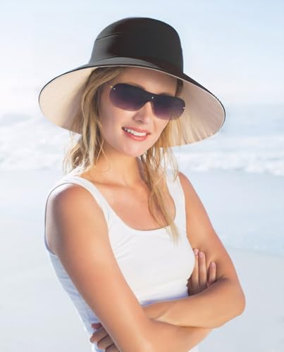 Womens Foldable Shapeable Brim Sun Hat UPF 50+ Cotton Wide Brim Beach Adjustable Chin Strap Hat Sun Protection Cap - Image 3