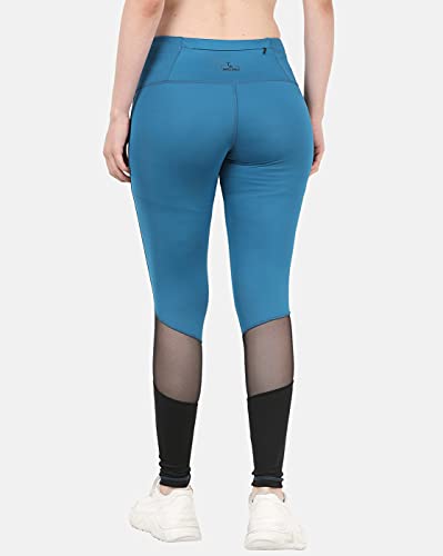 Image of The Dance Bible Women High Waist Solid Arctic Blue Mesh Net Design Gym Leggings Tights with Back Zip Pocket