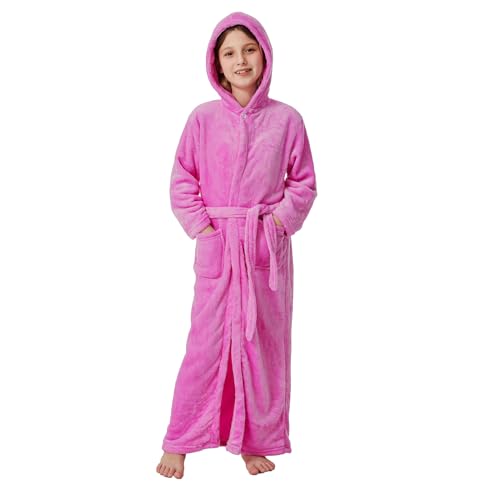 ACTLATI Girls Hooded Plush Bathrobe Full Length – Soft Fleece Robe with Belt & Pockets, Long Kids Robe for Girls Ages 3-13