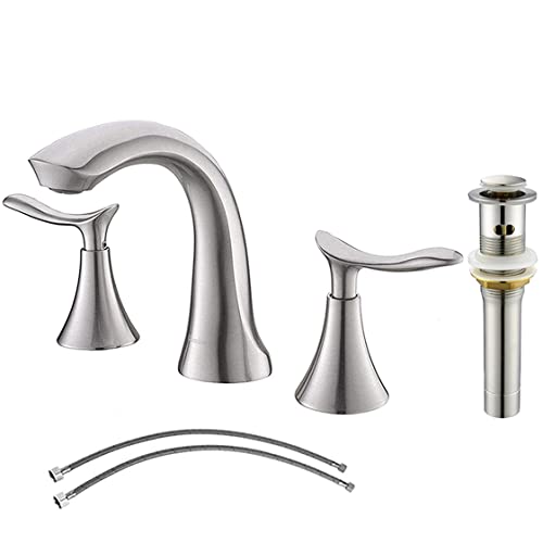 Comllen 3 Hole Modern Brushed Nickel Bathroom Faucet, 8 Inch Two Handle Bathroom Sink Faucet Lavatory Widespread Vanity Faucet with Pop-up Drain