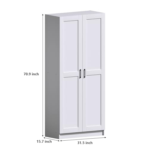 Image of White Tall Kitchen Pantry Cabinet Organizers and Storage with Doors and Adjustable Shelves,Wood Large Gabinetes Para Cocina Office Bookshelf for Laundry Room Cabinets (31.5 inchW*15.7 inchD*71 inchH)