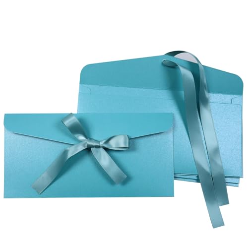 BINLINHONGO 5 Pcs Ribbon Bow Kraft Paper Envelope for Greeting Cards Blue