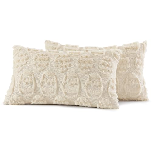 Image of decorUhome Easter Beige Egg Pillow Covers 12x20 Inch Set of 2, Soft Plush Faux Wool Jacquard Cushion Covers, Farmhouse Neutral Fuzzy Spring Easter Holiday Decor for Couch Sofa Bed