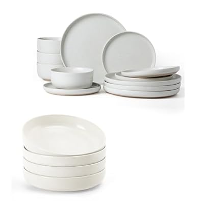 Famiware Milkyway Plates and Bowls Set, 12 Pieces Dinnerware Sets and 4 Pieces Pasta Bowls, Sturdy & Stackable, Stoneware Dishes Set for 4, White