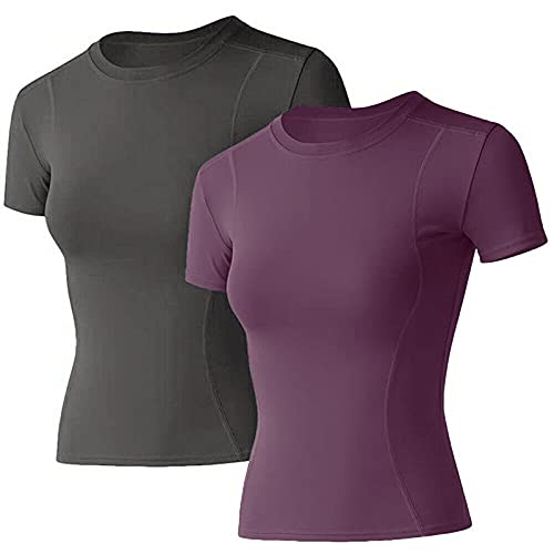 Image of Loovoo Women Workout Shirts, 1 /2 /3 Pack Short Sleeve Compression Tee | Tight Fit Gym Basic Tops, Athletic Quick Dry Crew Neck 4-Way Stretch, Flat Seams Ideal for Yoga, Gym, Running and Daily Wear