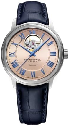 RAYMOND WEIL Maestro Men&#39;s Automatic Watch, Visible Balance Wheel, Salmon Pink Dial, Roman Numerals, Stainless Steel, Blue Leather Strap 40mm (Model: 2227-STC-00808)