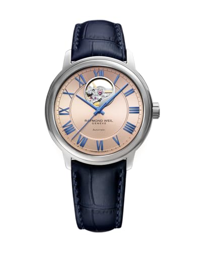 RAYMOND WEIL Maestro Men's Automatic Watch, Visible Balance Wheel, Salmon Pink Dial, Roman Numerals, Stainless Steel, Blue Leather Strap 40mm (Model: 2227-STC-00808)