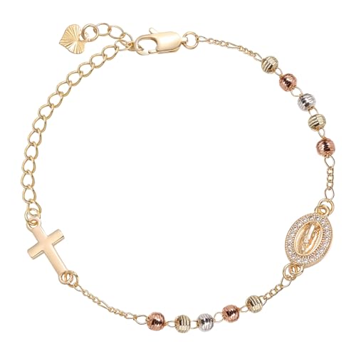 Religious Gift Rosary Bracelet for Women-14K Gold Plated Virgen de Guadalupe Rosary Beads Cross Charm Link Chain, Dainty Virgin Mary Catholic Gifts for Confirmation Baptism First Communion Godmother