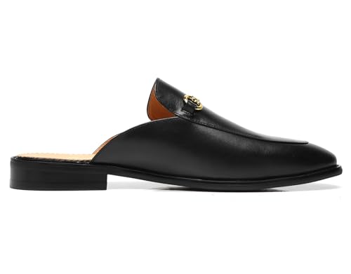 ELANROMAN Men's Loafers Backless Genuine Leather Mules Horse Buckle Shoes3