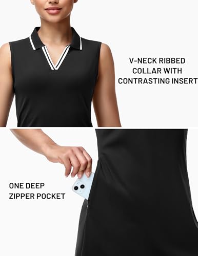 Image of MIER Golf Dresses for Women V Neck Sleeveless Dress with Zip Pocket | For Tennis Pickleball Travel Casual, Soft Breathable, 4-Way Stretch Light Flowy, Ribbed Collar, Reflective Logo, Wrinkle Free