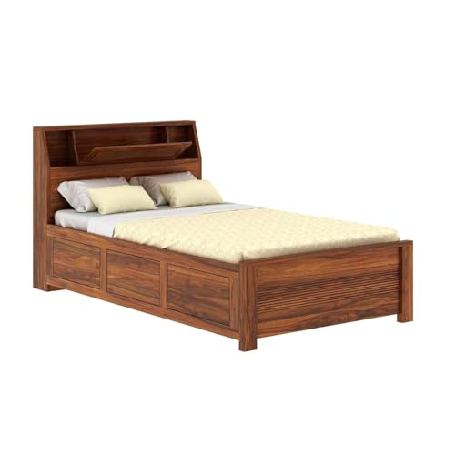 Image of Ganpati Arts Solid Sheesham Wood Marine Groove 4 Feet Bed with Box Storage and Large Headrest for Living Room, Bedroom and Home (Natural Finish) 1 Year Warranty
