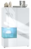 Vladon Vitrina Morena V2, Vitrina de pie con 2 Puertas e inserción de Cristal, Carcasa Blanco Mate, frentes Blanco de Alto Brillo, Cubo petróleo de Alto Brillo Incl. iluminación LED Blanco
