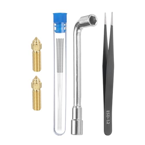 sourcing map 3D Nozzles Kit, 2pcs 3D Printer K1 Brass Nozzles 0.2mm, 5pcs Nozzle Cleaning Needles, with a Socket Wrench 