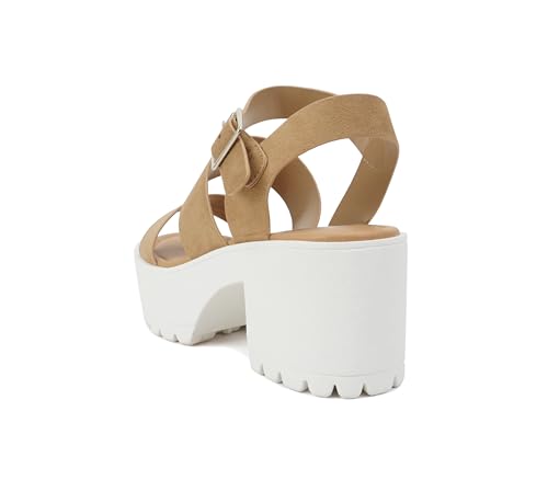 Image of Soda ACCOUNT ~ Women Open Toe Two Bands Lug sole Fashion Block Heel Sandals with Adjustable Ankle Strap