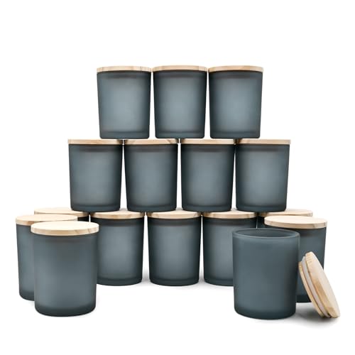 SHOWIN Thick Candle Jars for Making Candles 16 Pcs, 7 OZ Empty Jars with Wood Lids for Candle Making, Sample Container, Frosted Gray