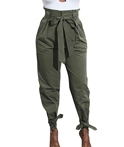 SOMTHRON Women's Casual Loose Paper Bag Long Pants High Waist Cropped Pencil Dressy Trouser with Pockets
