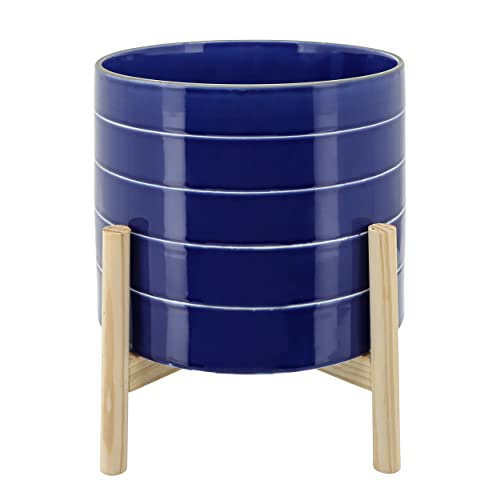 Sagebrook Home 10" Striped Planter W/Wood Stand, Navy #TOP29