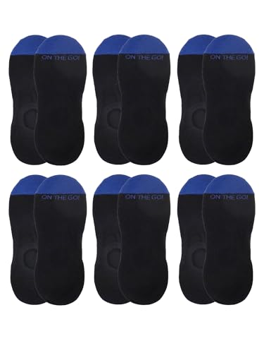 On the Go Men's Invisible Socks - No Slip Grip Lightweight Moisture Wicking Athletic Cotton (6 Pair Pack, Black with Blue Toe)