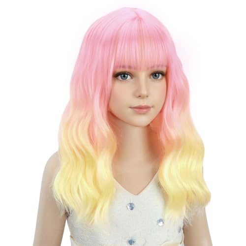 Image of PATTNIUM Girls Pink Ombre Yellow Wig with Bangs Kids Short Wavy Curly Wig Pink and Yellow Bob Wigs Synthetic Halloween Costume Cosplay Party Wigs