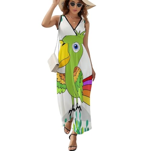 Robe longue d'été perroquet vert sans manches col V en tissu léger et ultra confortable