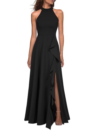 WOOSEA Womens High Neck Sexy Split Evening Cocktail Party Maxi Long Formal Dress Black
