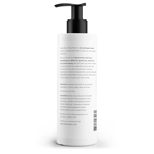 Boldly Basic Fragrance Free Body Wash - Gentle Bodywash on Sensitive Skin - Unscented Shower Gel - Dermatologist Tested - No Sulfates, Parabens or Gluten - Non Comedogenic and Hypoallergenic